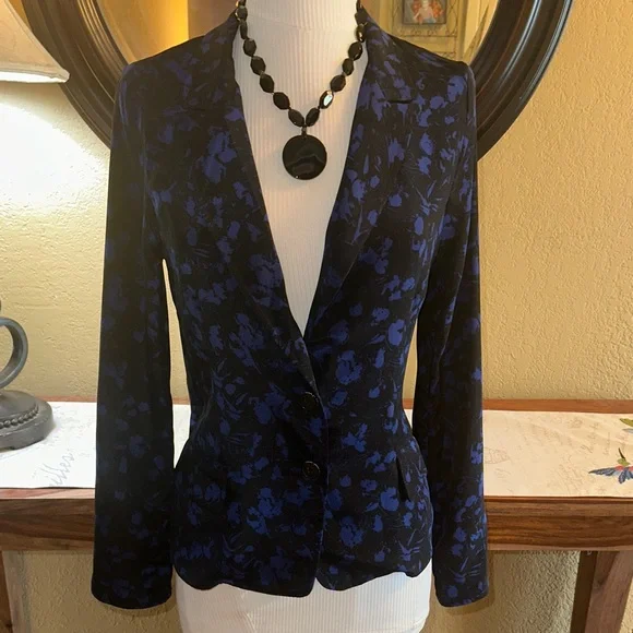Derek Lam Navy Floral Silk Blazer - Picture 1 of 8